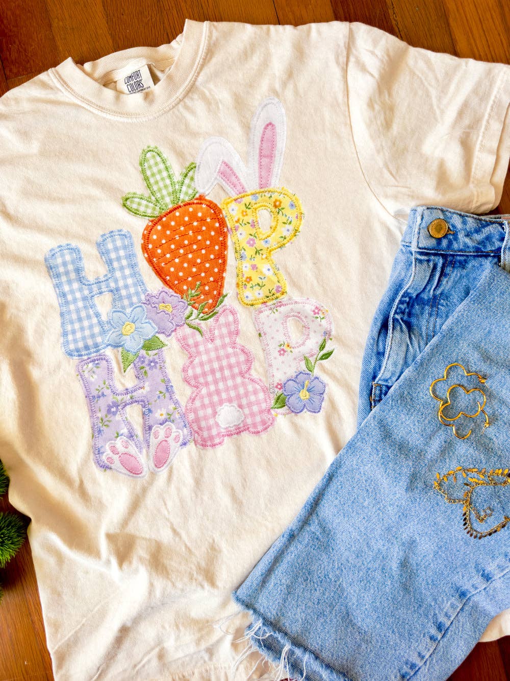 Hop Hop Easter Faux Patchwork DTF Printed Comfort Colors Tee, Ivory