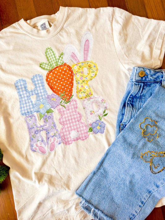Hop Hop Easter Faux Patchwork DTF Printed Comfort Colors Tee, Ivory