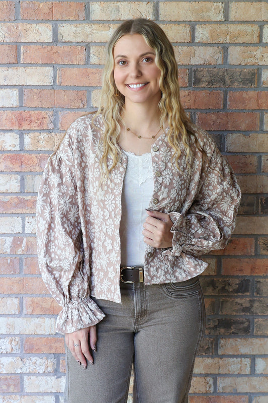 Beauty Beyond Compare Floral Pattern Button Down Top, Mocha Brown