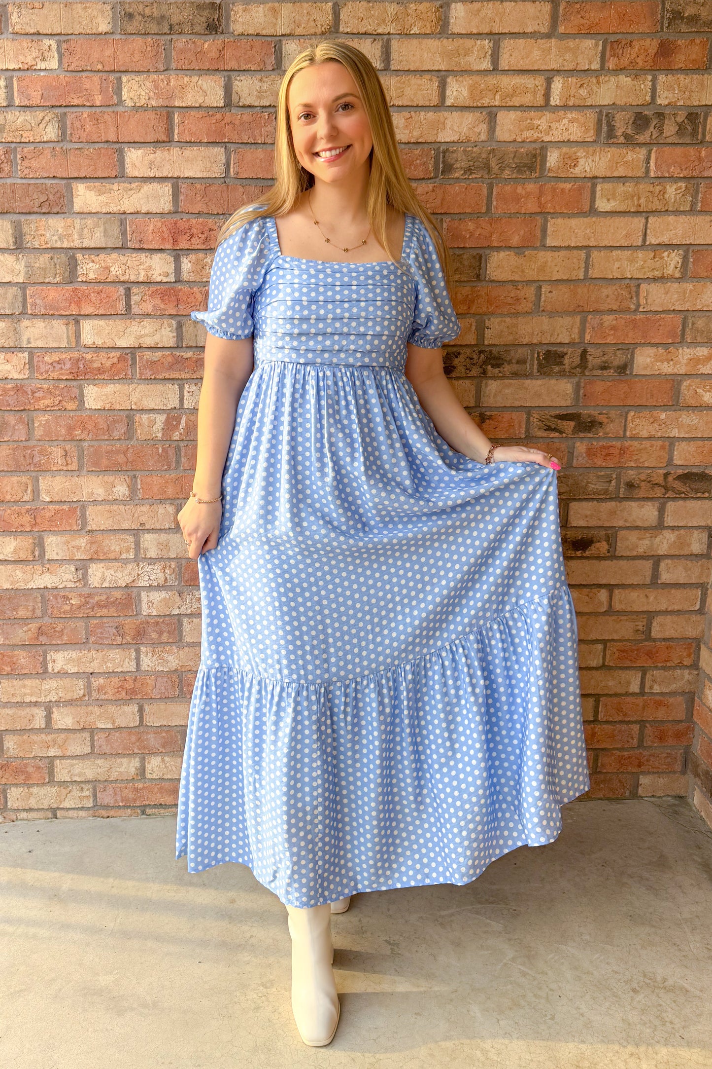 Just Say Yes Pleated Polka Dot Maxi Dress, Blue