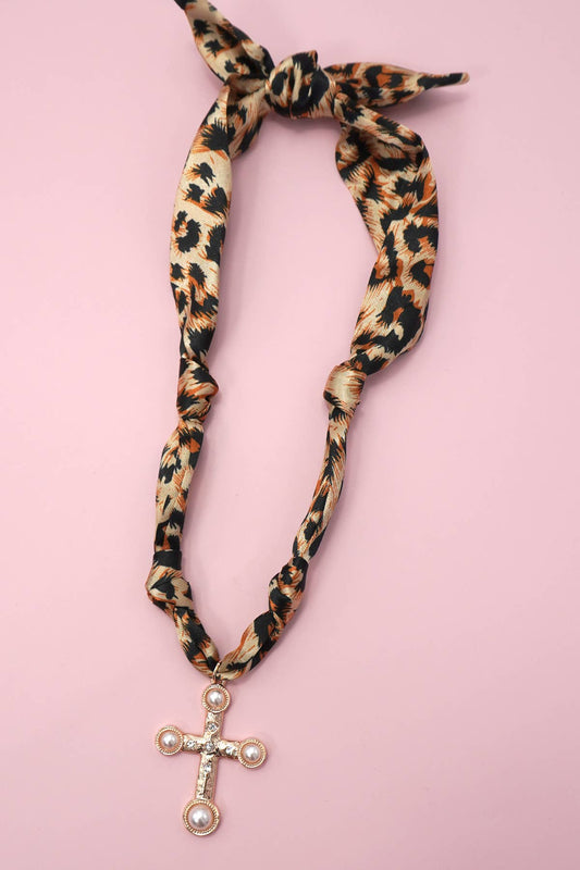 Handmade Leopard Scarf Cross Charm Necklace