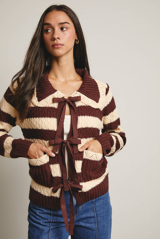 Coffee Date Striped Knit Peter Pan Collar Cardigan, Mocha