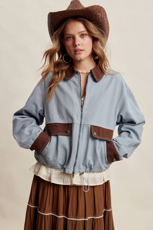 The Scenic Route Contrast Trim Western Utility Jacket, Dusty Blue