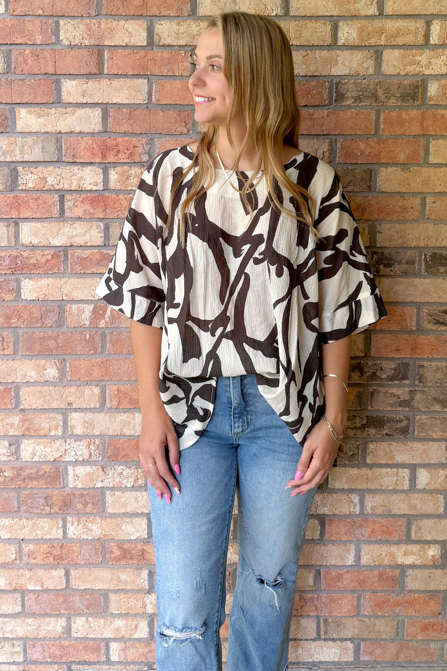 Creating Memories Oversized Abstract Print Top, Cream