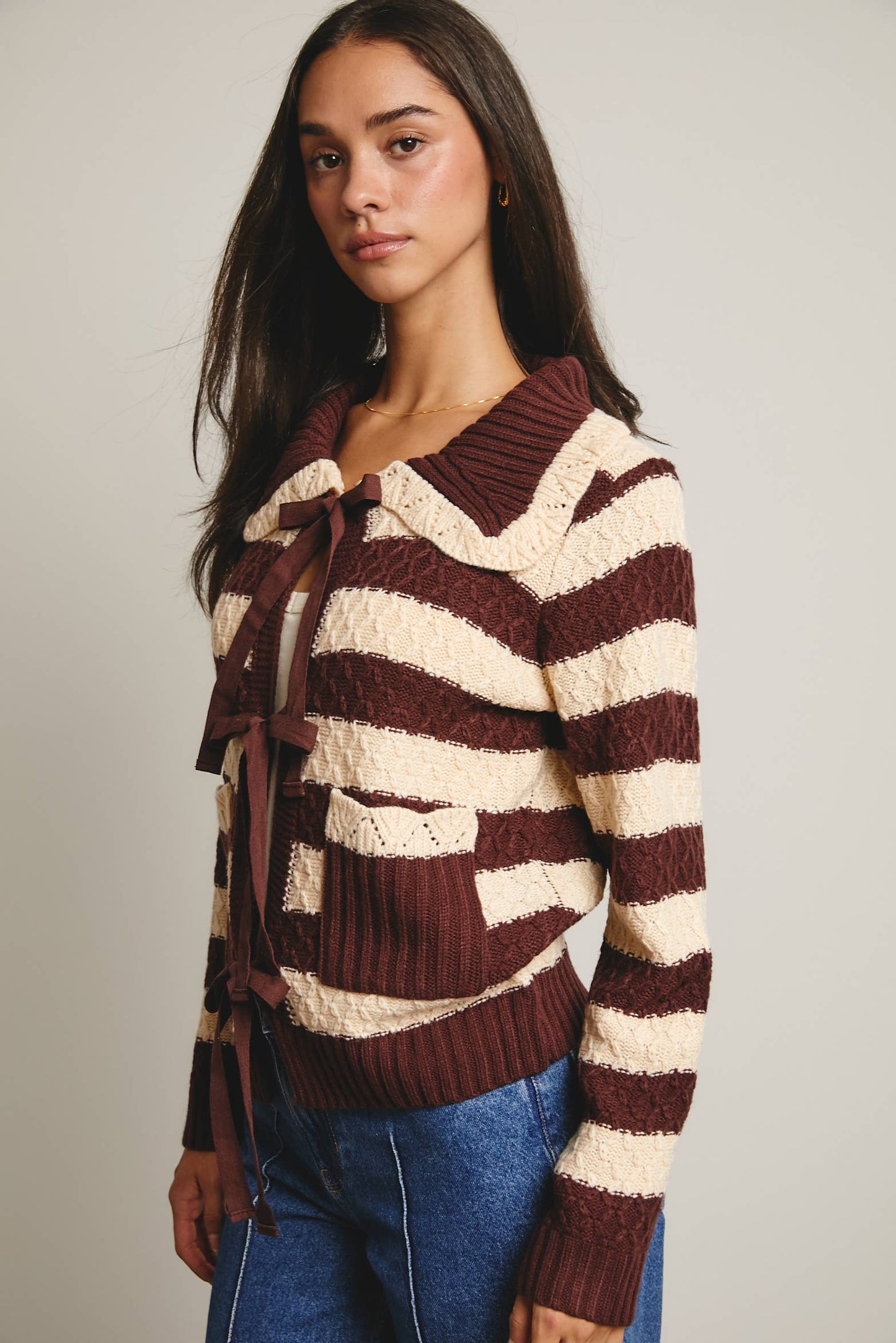 Coffee Date Striped Knit Peter Pan Collar Cardigan, Mocha