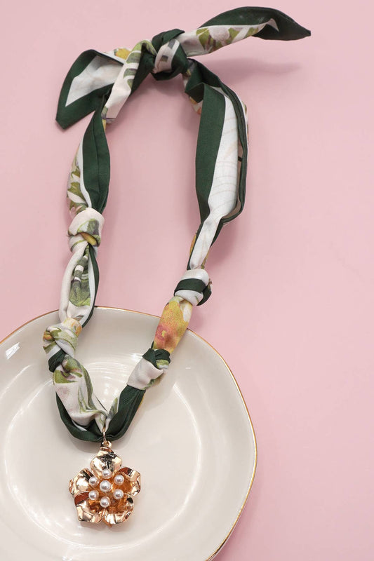 Handmade Green Scarf Flower Charm Necklace