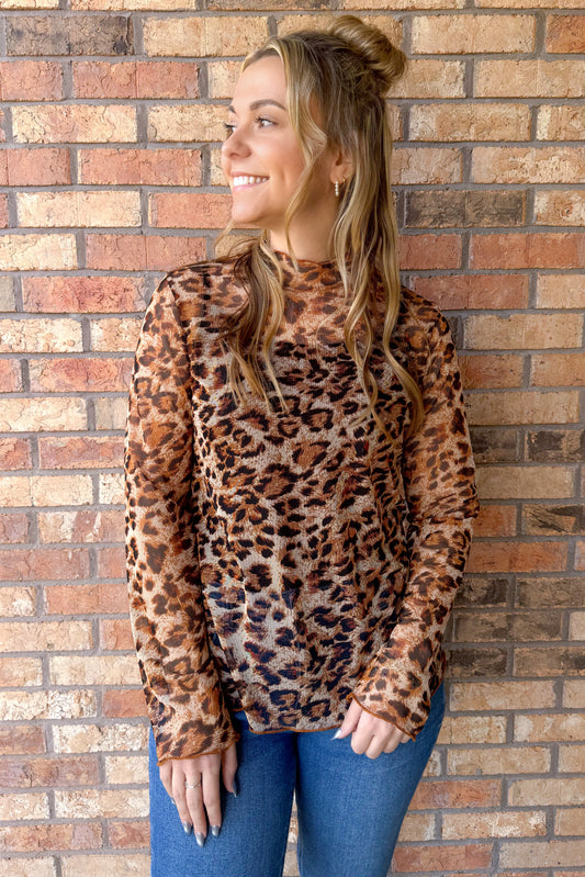 Slay Everyday Animal Print Mesh Mock Neck Top