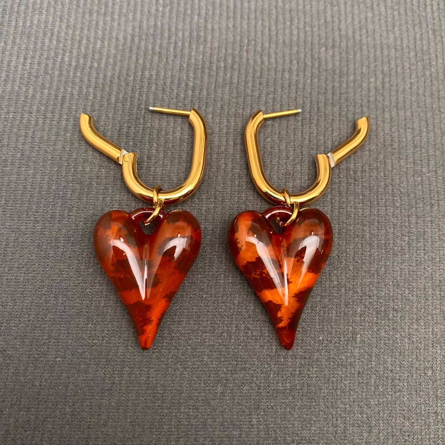 Sasha Acrylic Leopard Heart 18K Gold Plated Stainless Steel Huggie Earrings, Gold
