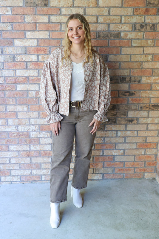 Beauty Beyond Compare Floral Pattern Button Down Top, Mocha Brown