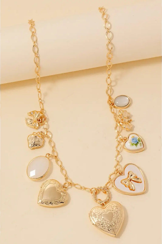 Mixed Heart and Ribbon Charms Chain Necklace