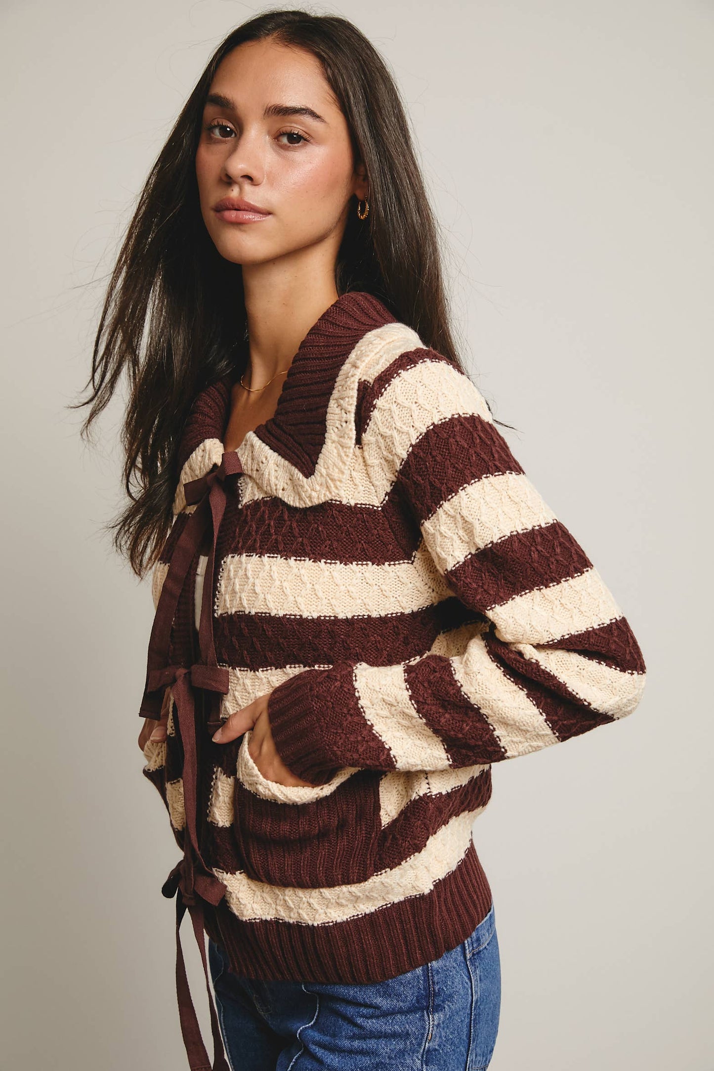 Coffee Date Striped Knit Peter Pan Collar Cardigan, Mocha
