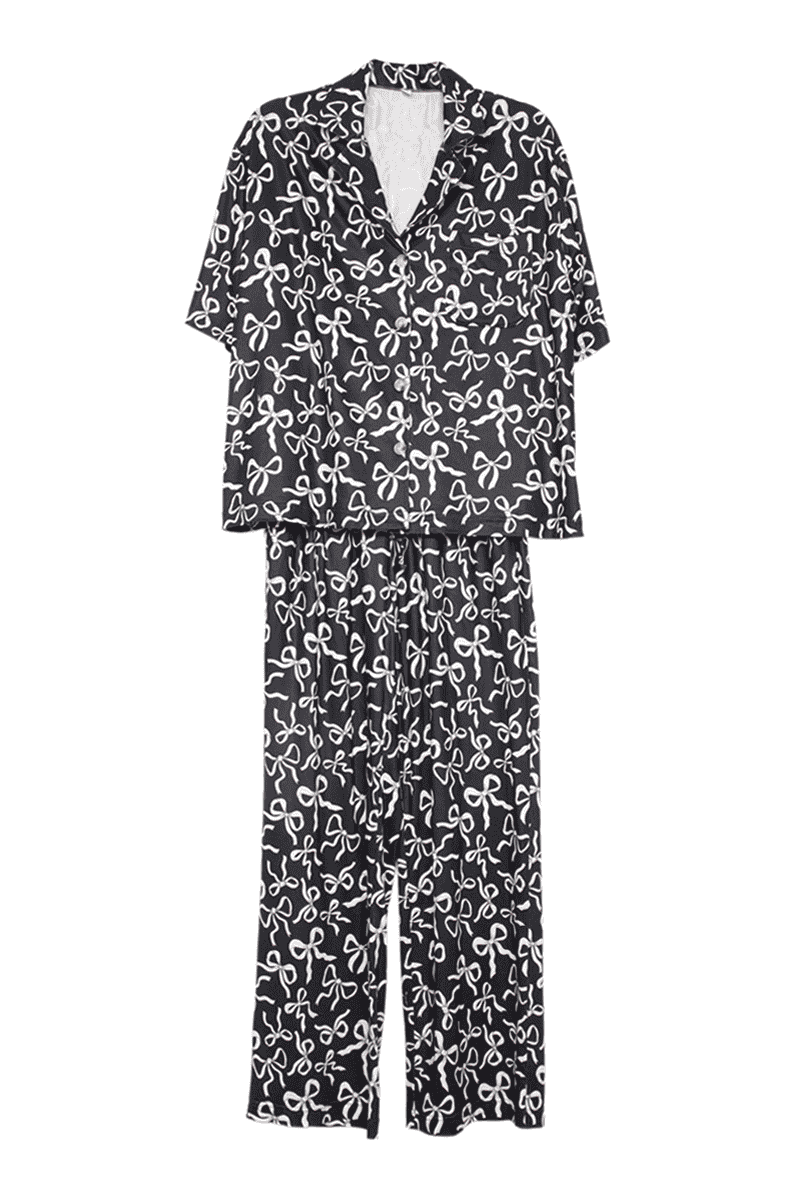Early Mornings Bow Print Pajama Set, Black