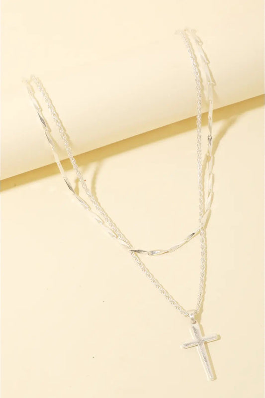 Cross Pendant Layered Chains Necklace, Silver