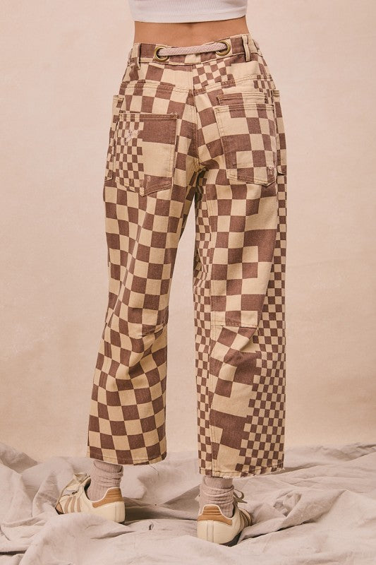 Born For Bold Washed Checker Board Printed Braided Waist Belt Pants