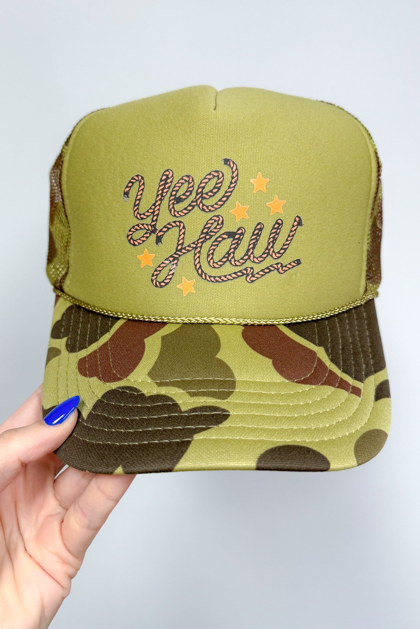 Cowboy Yee Haw Trucker Hat, Olive/Camo