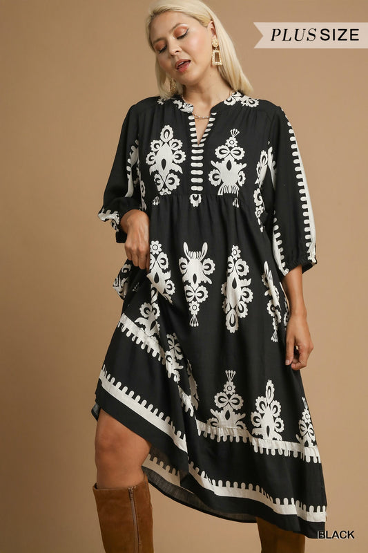 Desert Bloom Embroidered Midi Curvy Dress, Black