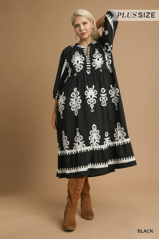 Desert Bloom Embroidered Midi Curvy Dress, Black