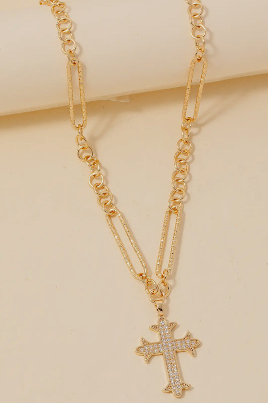 Pave Gothic Cross Pendant Chain Necklace, Gold