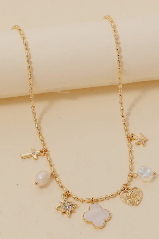 Clover and Pearl Shell Charms Chain Necklace, Gold