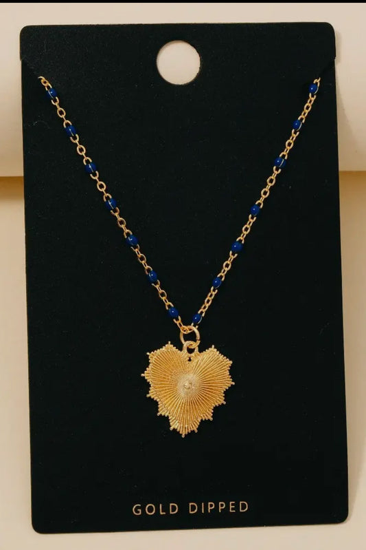 Gold Dipped Bead and Chain Heart Pendant Necklace, Blue