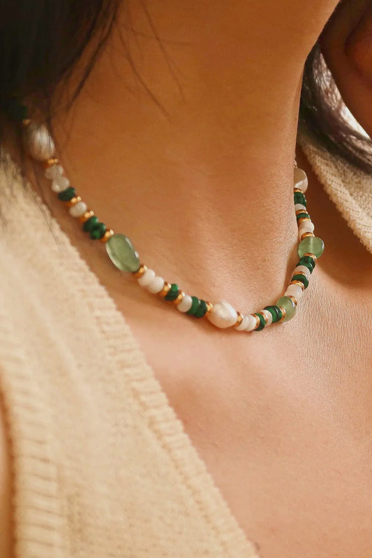 Palmer Pearl and Bead 18K Gold Plated Stainless Steel Necklace, Fern Green