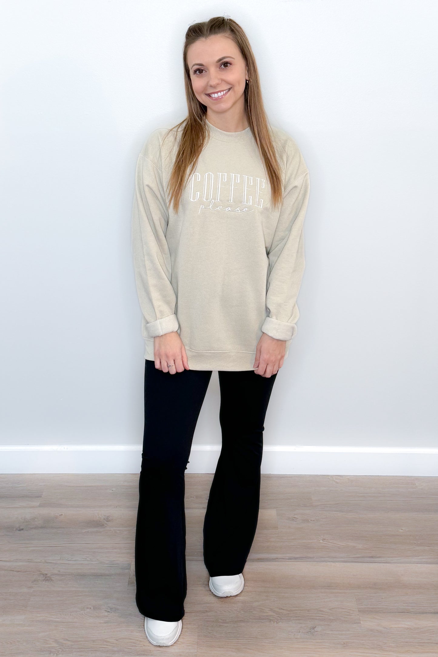 Coffee Please Embroidered Sweatshirt, Sand