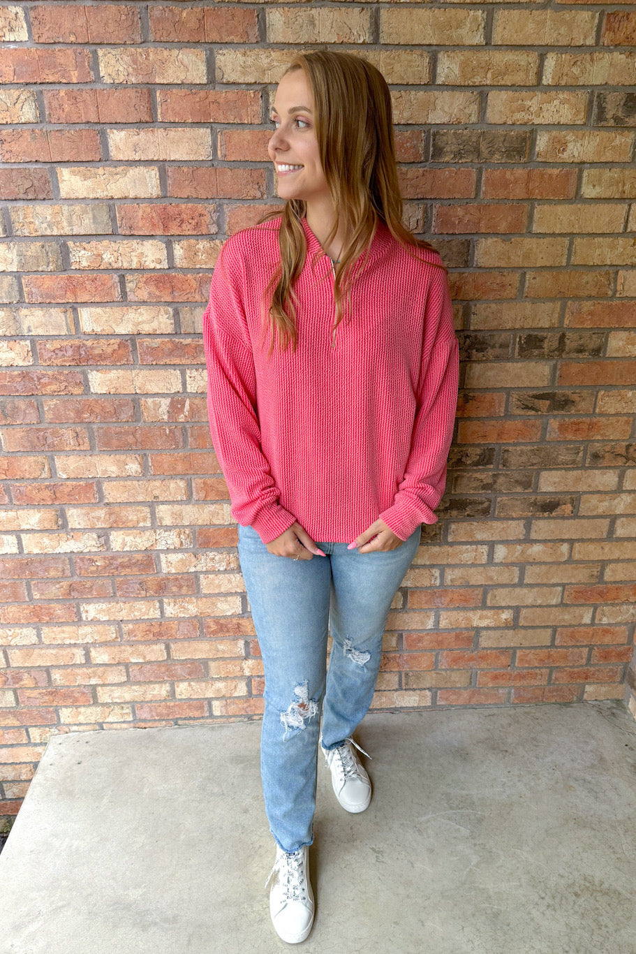 Living The Life Comfy Rib Sweatshirt, Hot Pink