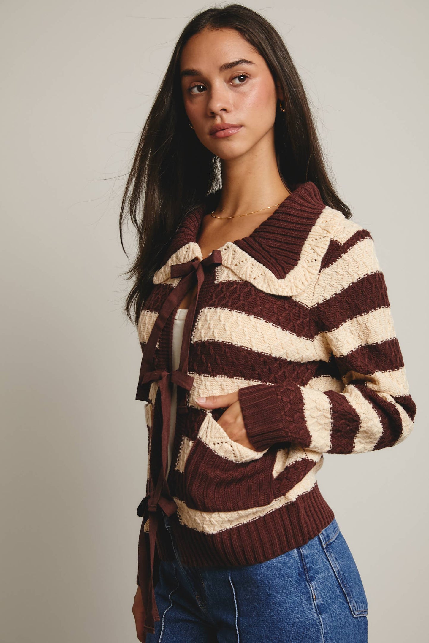 Coffee Date Striped Knit Peter Pan Collar Cardigan, Mocha