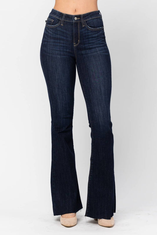 High Waisted Raw Hem Flare Judy Blue Jeans, Dark Wash