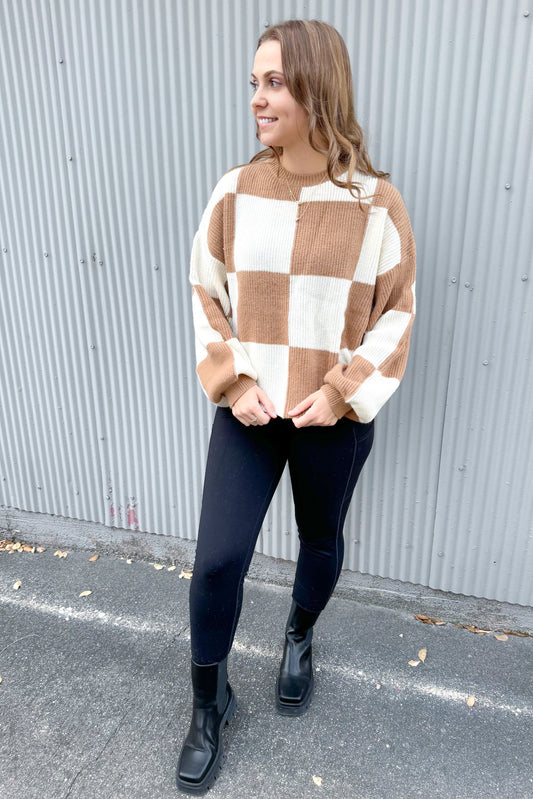 Checkmate Oversized Checkerboard Pullover, Wood