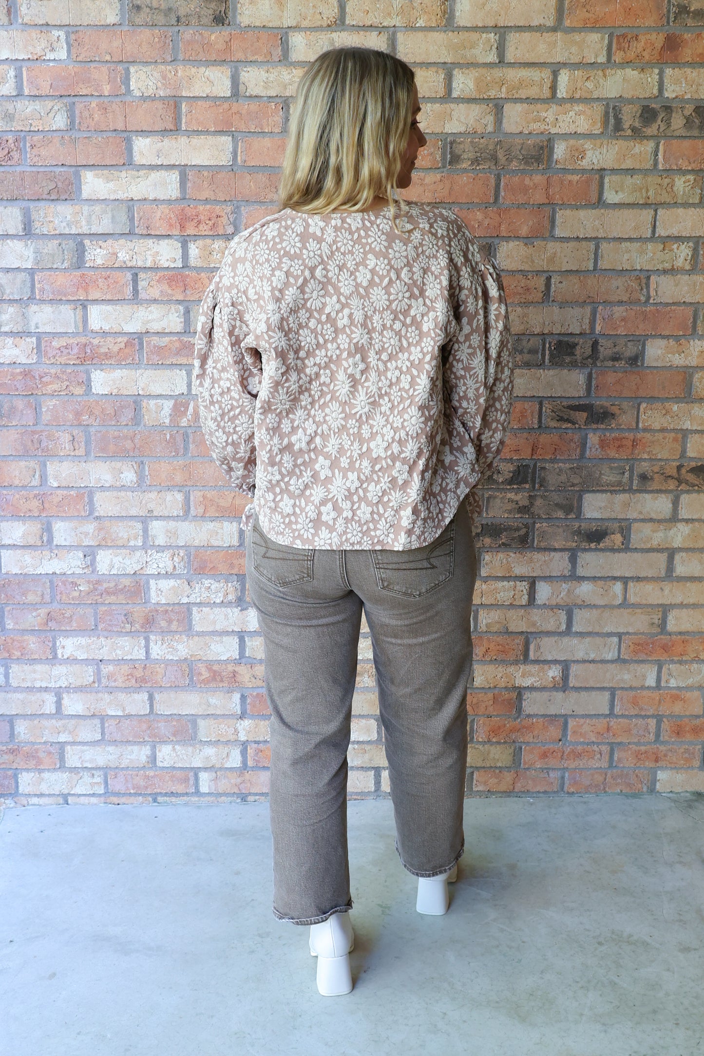 Beauty Beyond Compare Floral Pattern Button Down Top, Mocha Brown