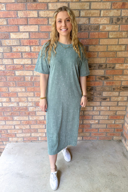Carefree Mineral Washed Casual Comfy Midi Dress, Sage