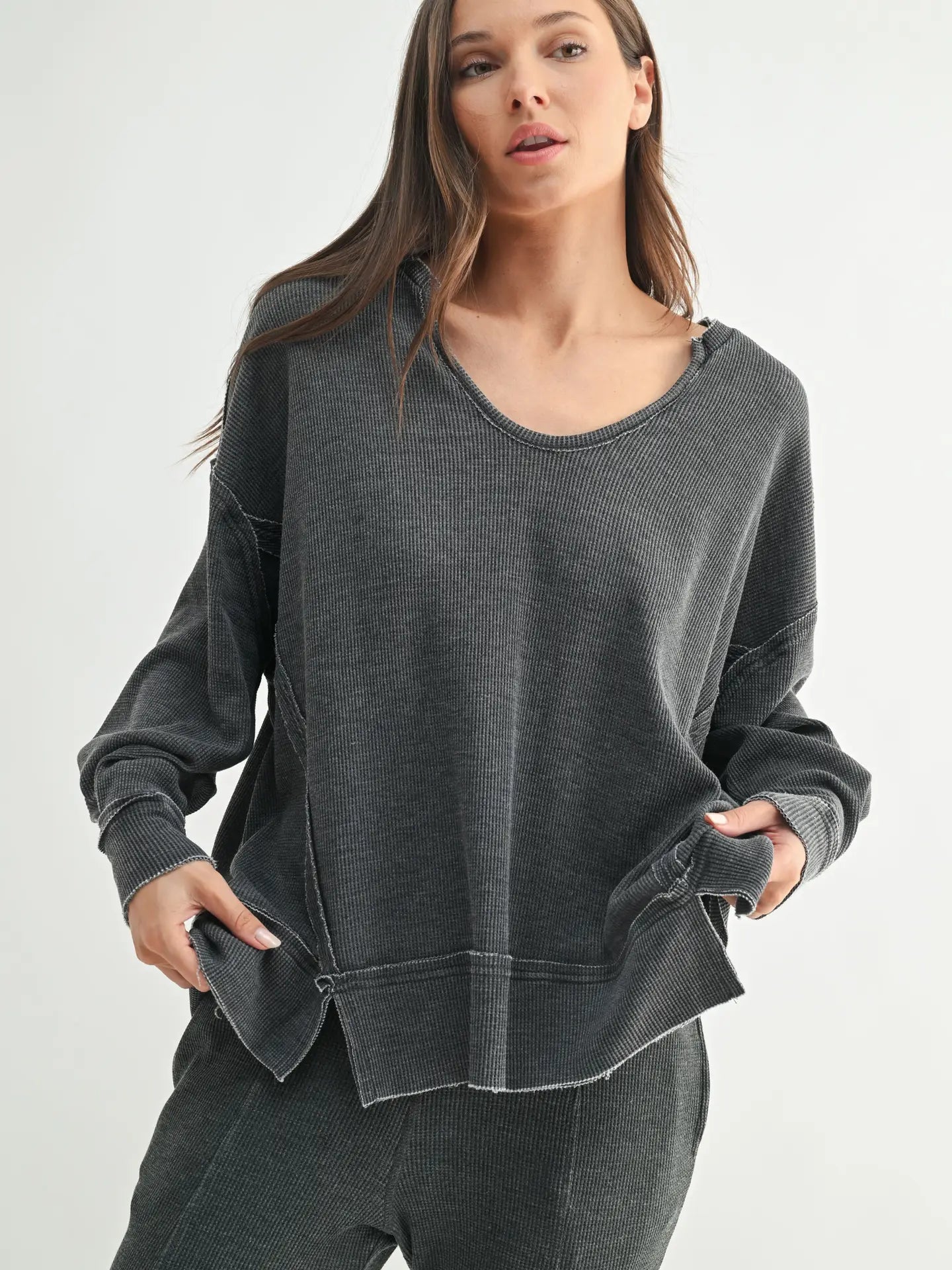 Comfort is Key Cotton Blend Waffle Knit Oversized Top, Black