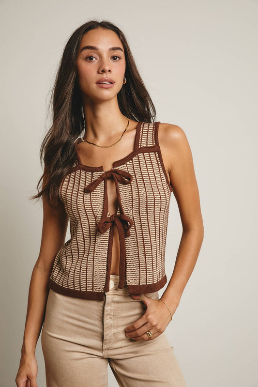 Cute as Ever Tie-Front Striped Knit Vest, Mocha