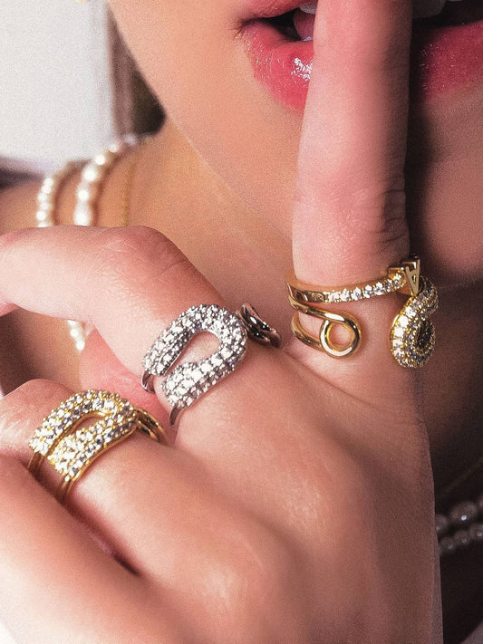 Nova 18K Gold Plated Stainless Steel Rhinestone Glam Adjustable Ring, Silver