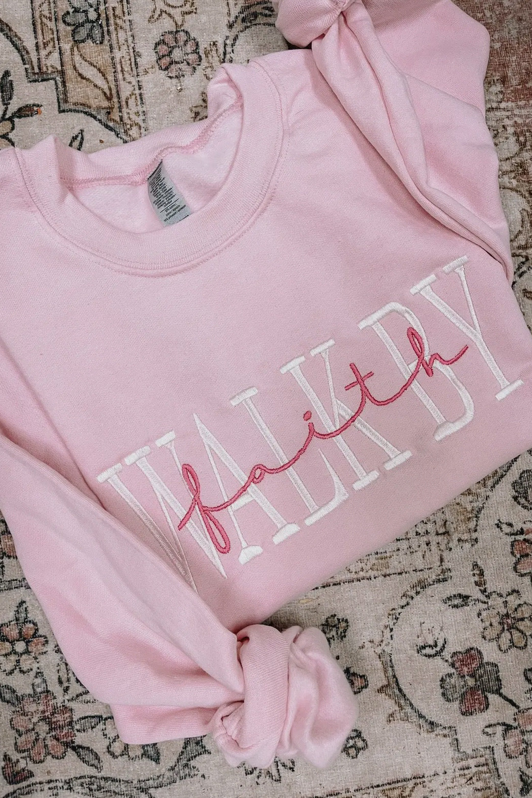 Walk By Faith Embroidered Crewneck Sweatshirt, Pink