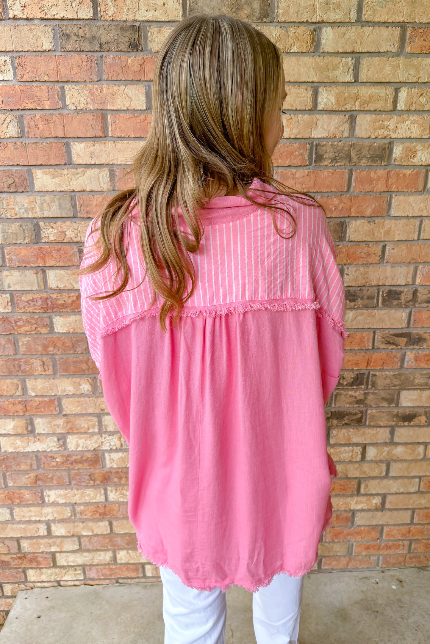 Taking Chances Oversized Button Down Stripped Top, Bubblegum