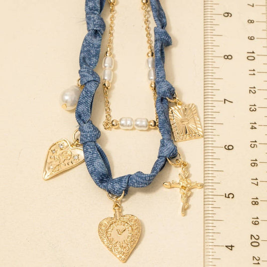 Paisley Denim And Assorted Charms Chain Layered Necklace, Gold