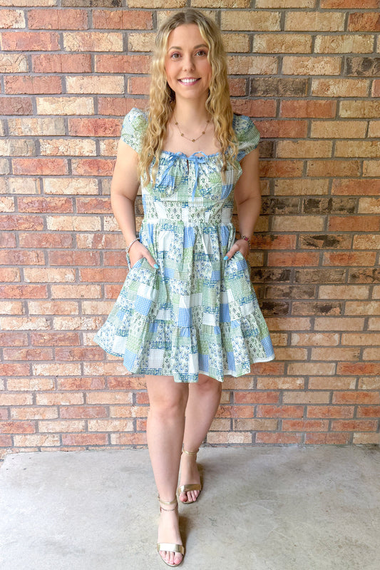 Backyard Bliss Patchwork Print Mini Dress, Cornflower Multi