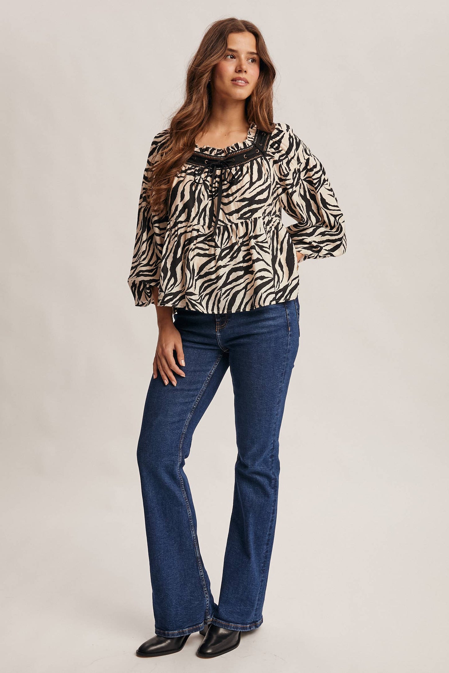 Running Wild Zebra Jacquard Blouse with Faux Leather Trim, Black