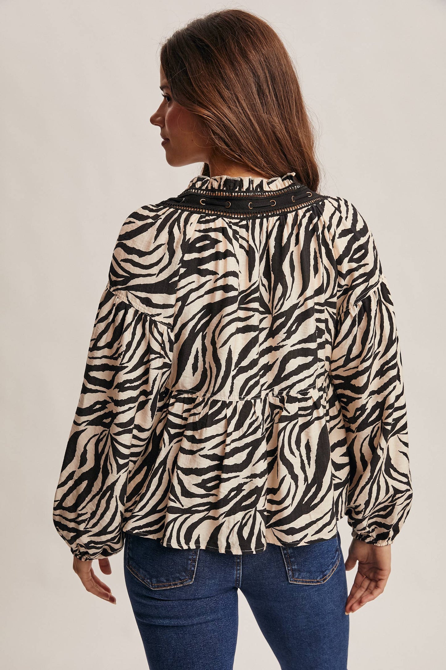 Running Wild Zebra Jacquard Blouse with Faux Leather Trim, Black