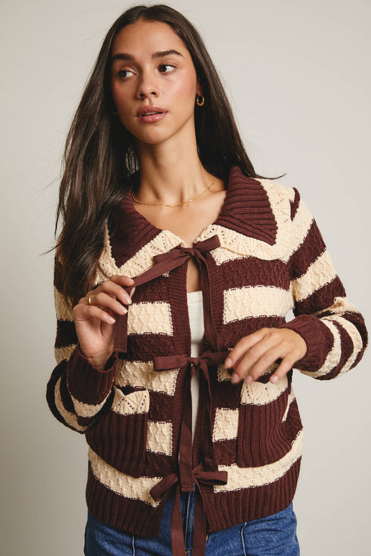 Coffee Date Striped Knit Peter Pan Collar Cardigan, Mocha