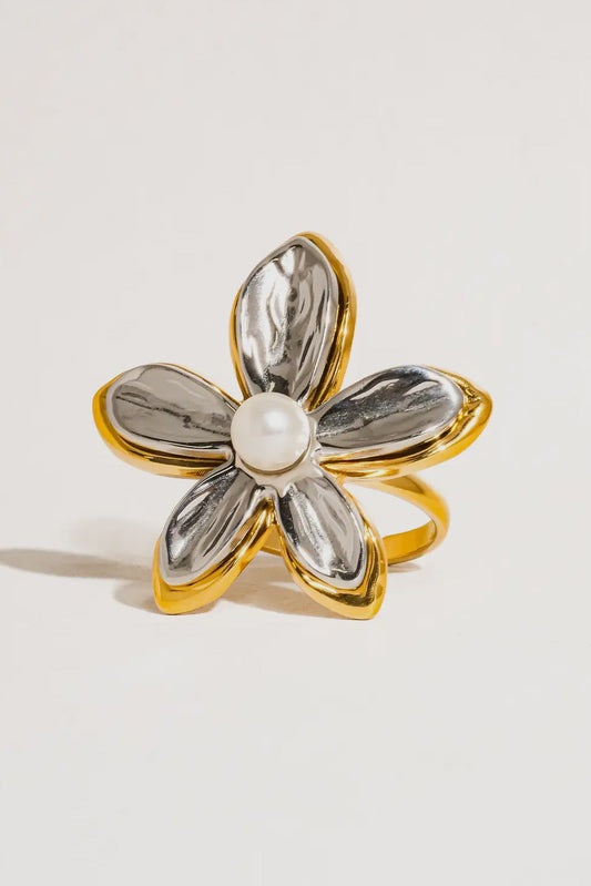 Margo 18K Gold Plated Stainless Steel Pearl Flower Adjustable Ring, Gold/Silver