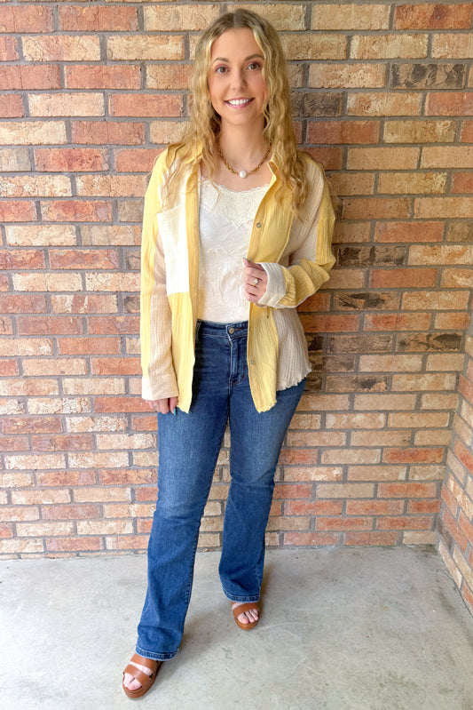 Overcome With Joy Color Blocked Button Down Shirt, Yellow Mix