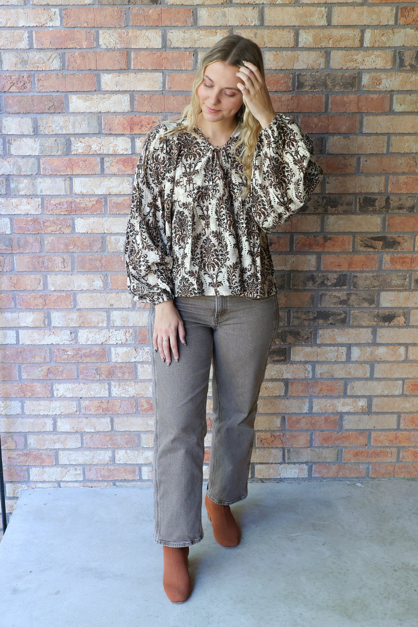 Since You've Been Gone Front Tie Balloon Sleeve Top, Tan/Brown