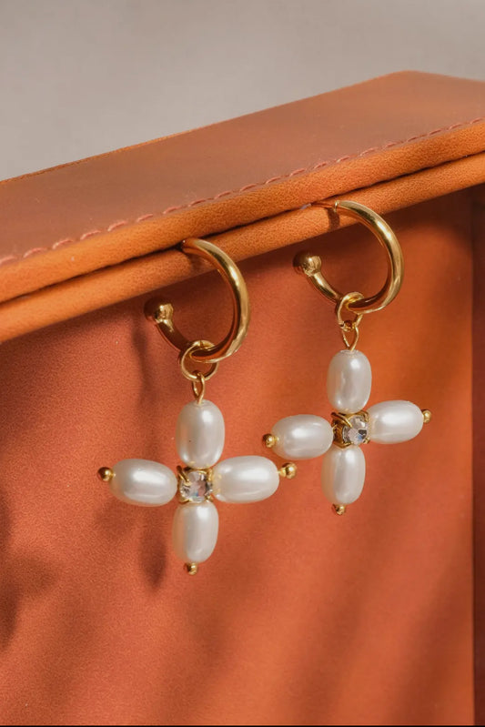 Chaleur Pearl Cross C Hoop 18K Gold Plated Stainless Steel Earrings, Gold