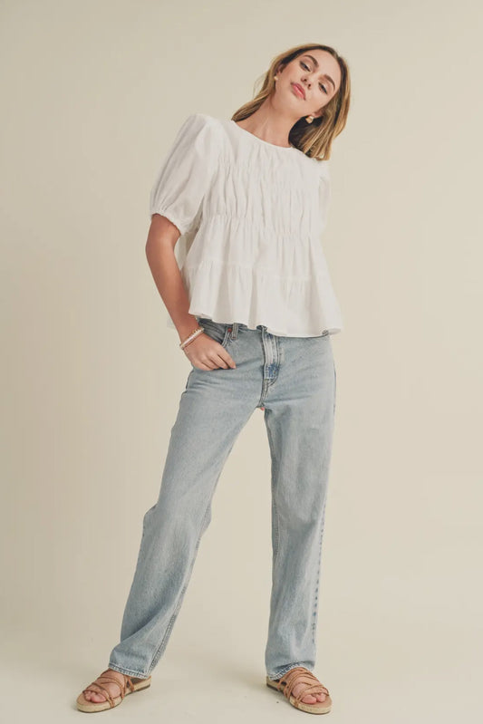 American Honey Tiered Shirring Puff Sleeve Top, White