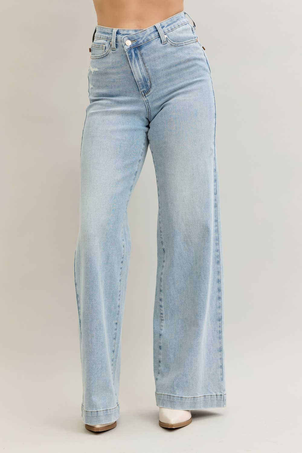 High Waisted Retro Wide Criss-Cross Waist Band Mild Destroy Judy Blue Jeans, Light Wash