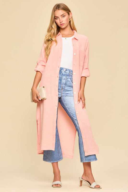 Soak Up The Sun Breathable Cotton Button-Down Duster, Peach