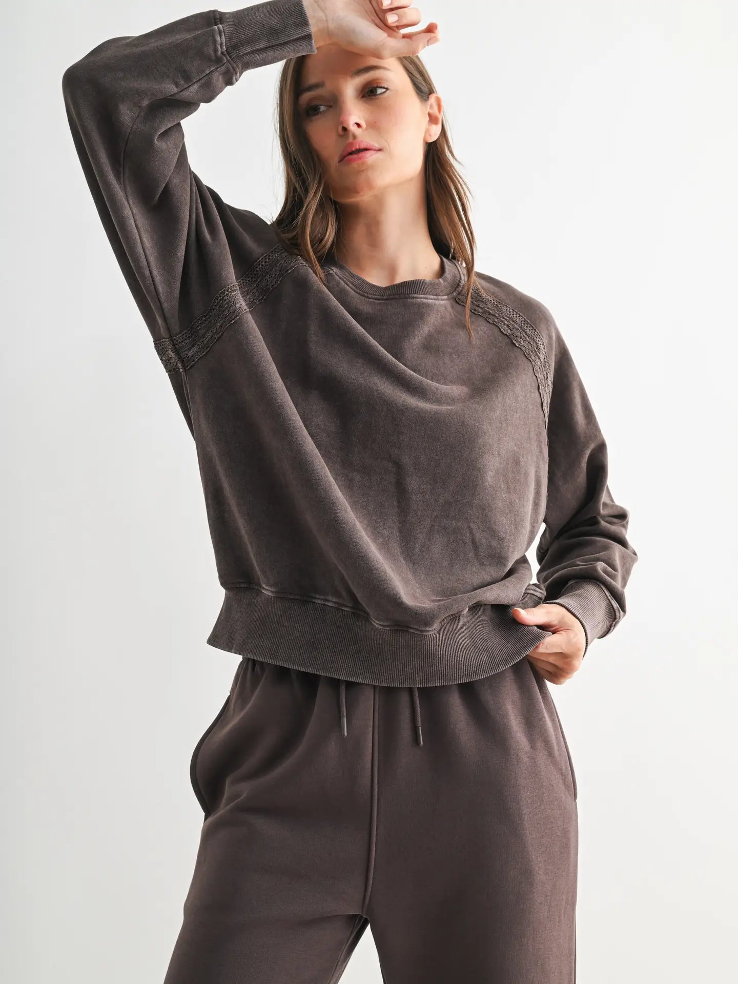 Morning Coffee Soft Bloom Mineral Wash Lace Pullover, Espresso